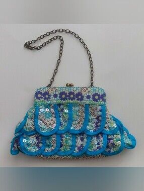 Vtg Y2K GAP Blue Floral Tiered Ruffle Sequin Kiss Lock Mini Bag 🦋